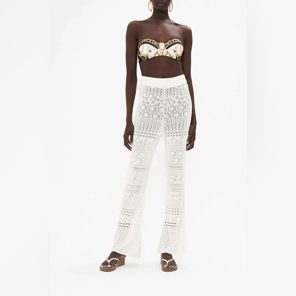 NWD CAMILLA “Sea Charm” white Pointelle flare leg knit boho coverup pants XS/S